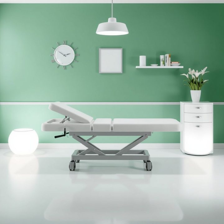 A calm, light treatment room with a therapy bed